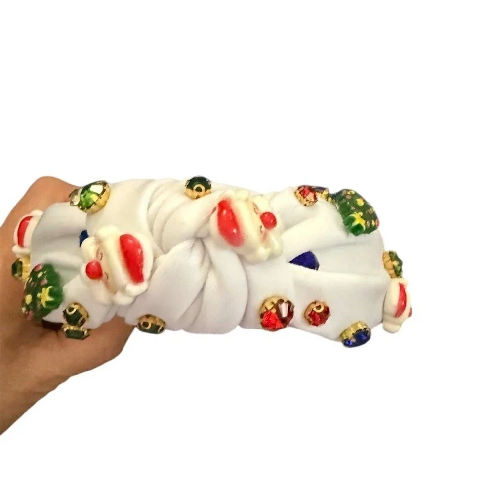 White Knotted Padded Headband Multicolor Rhinestones Christmas Charms